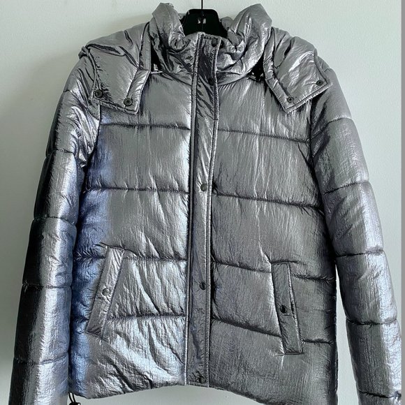 Barneys New York Silver Metallic Cropped Puffer Coat - Picture 1 of 9